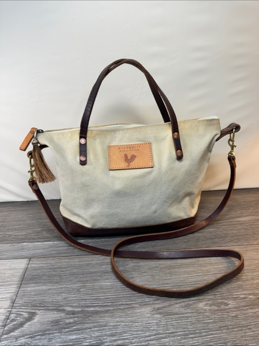 Meanwhile Canvas Shoulder Bag with Brown Leather Trim - Cream